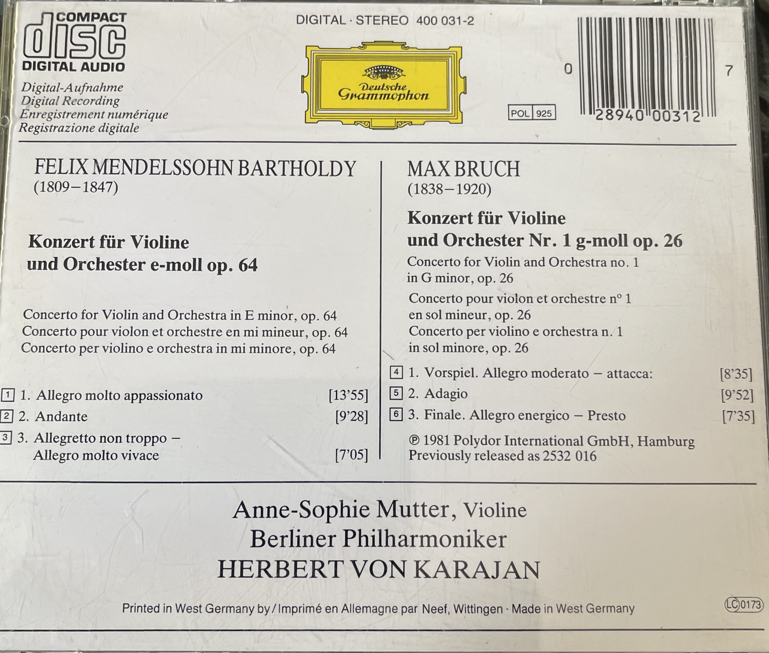 Mendelssohn-Bartholdy/Bruch. Violinkonzerte :  Anne-Sophie Mutter CD