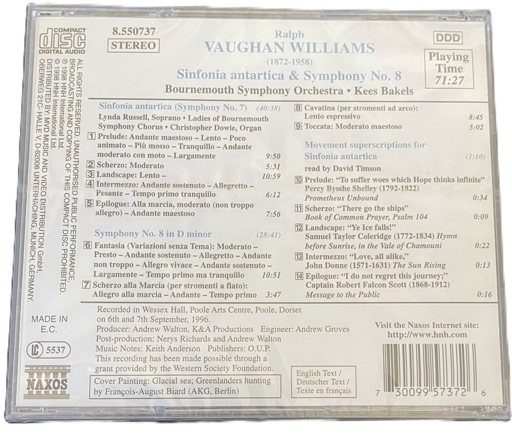 Vaughan Williams: Symphonies Nos. 7 & 8 "Sinfonia Antartica" CD (Sealed)