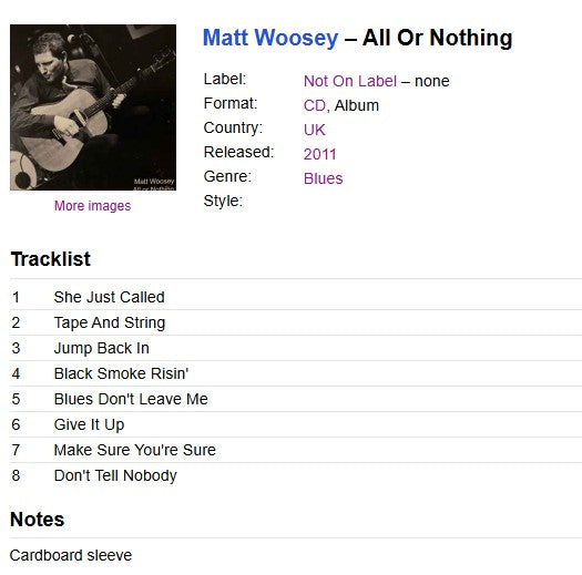 Matt Woosey - All or Nothing (CD in Cardboard Sleeve) (RARE CD)