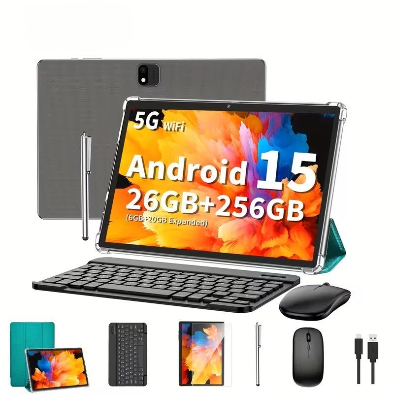 Android 15 Tablet, 2-In-1 Tablet with Keyboard, Wireless Mouse & Case Bundle